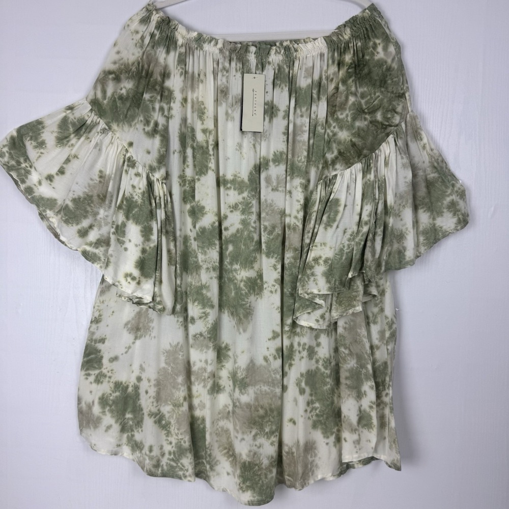 Feathers Women Tie Dye Off Shoulder‎ Boho Bell Sleeve Tunic Top Green Sz 2X NWT